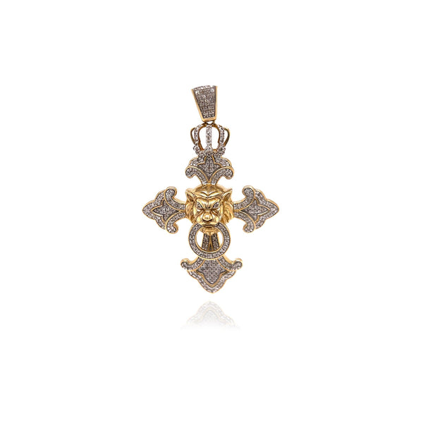 Diamond Cross With Crown Lion Pendant