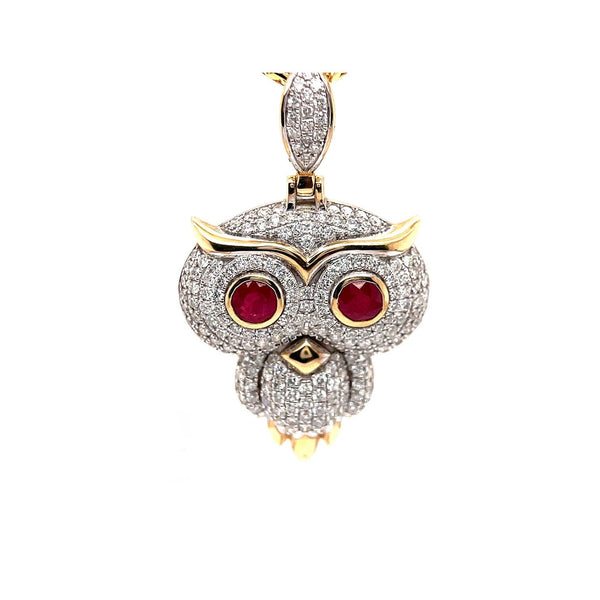 14k Gold and Diamond Owl Ruby Pendant by ijaz jewelers
