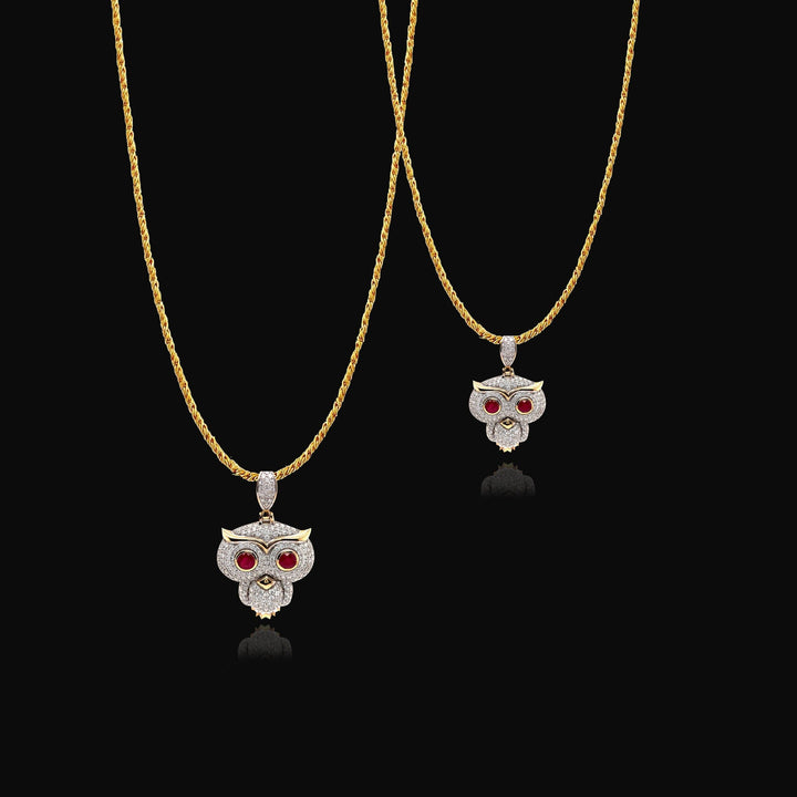 Ruby Eyes Owl 14k Gold and Diamond Pendant